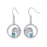 wholesale 925 Sterling Silver Turquoise Stone Circle Hawk Dangle Earrings for Women and Girls- Oxidized/Oxidised