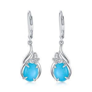 Sterling Silver Oval Cut Natural 7 * 9mm Blue Turquoise Dangle Earrings with Butterfly-0