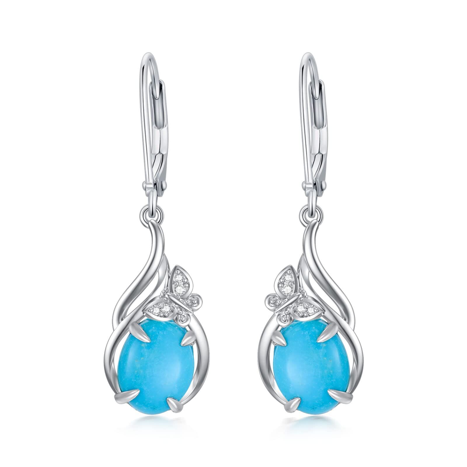 Sterling Silver Oval Cut Natural 7 * 9mm Blue Turquoise Dangle Earrings with Butterfly - Rhodium Plated-0-0