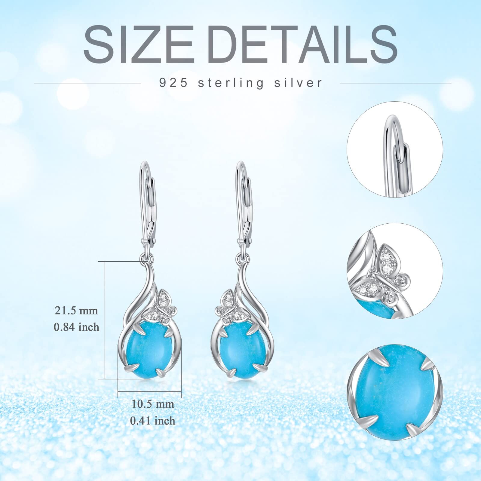Sterling Silver Oval Cut Natural 7 * 9mm Blue Turquoise Dangle Earrings with Butterfly - Rhodium Plated-0-1