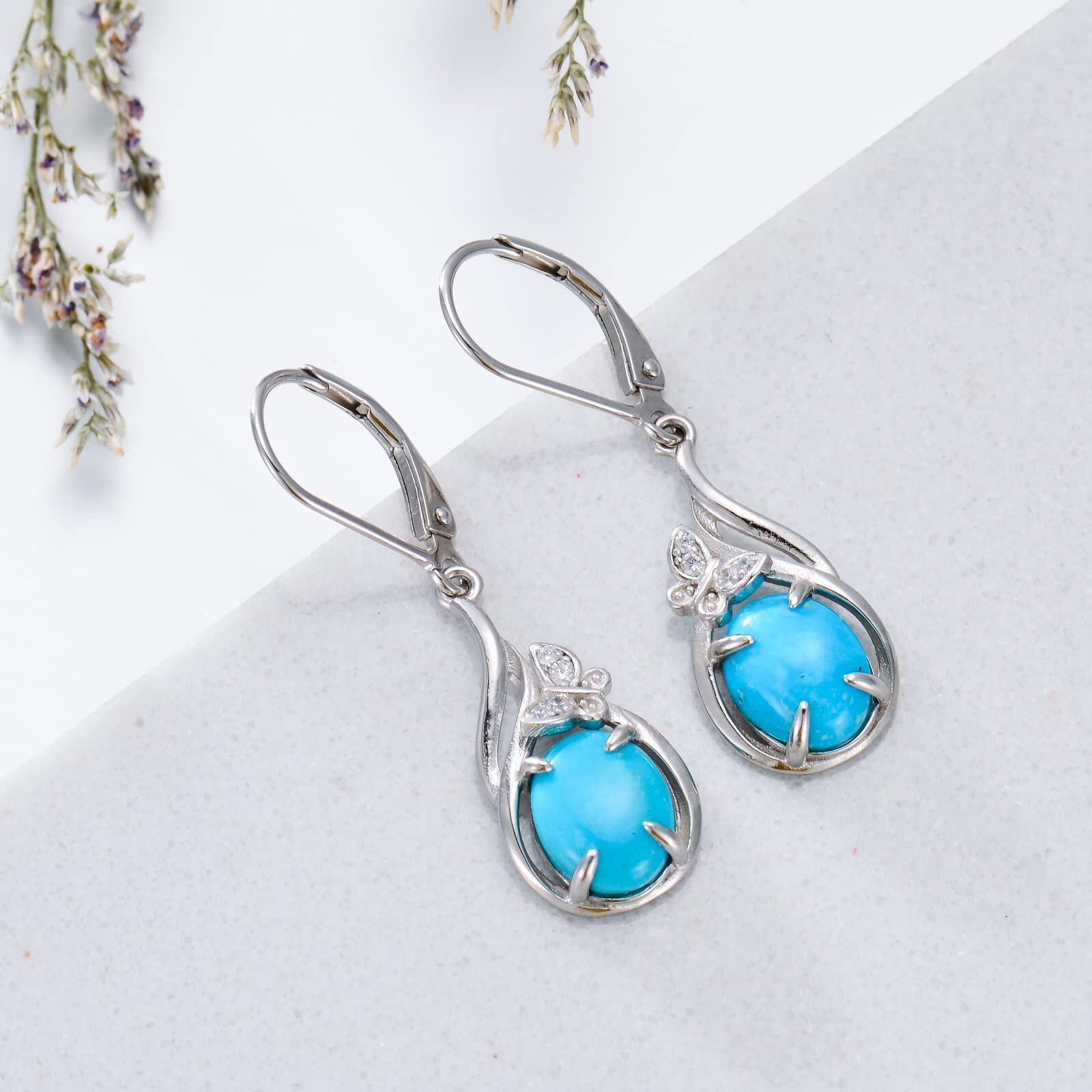 Sterling Silver Oval Cut Natural 7 * 9mm Blue Turquoise Dangle Earrings with Butterfly - Rhodium Plated-0-3