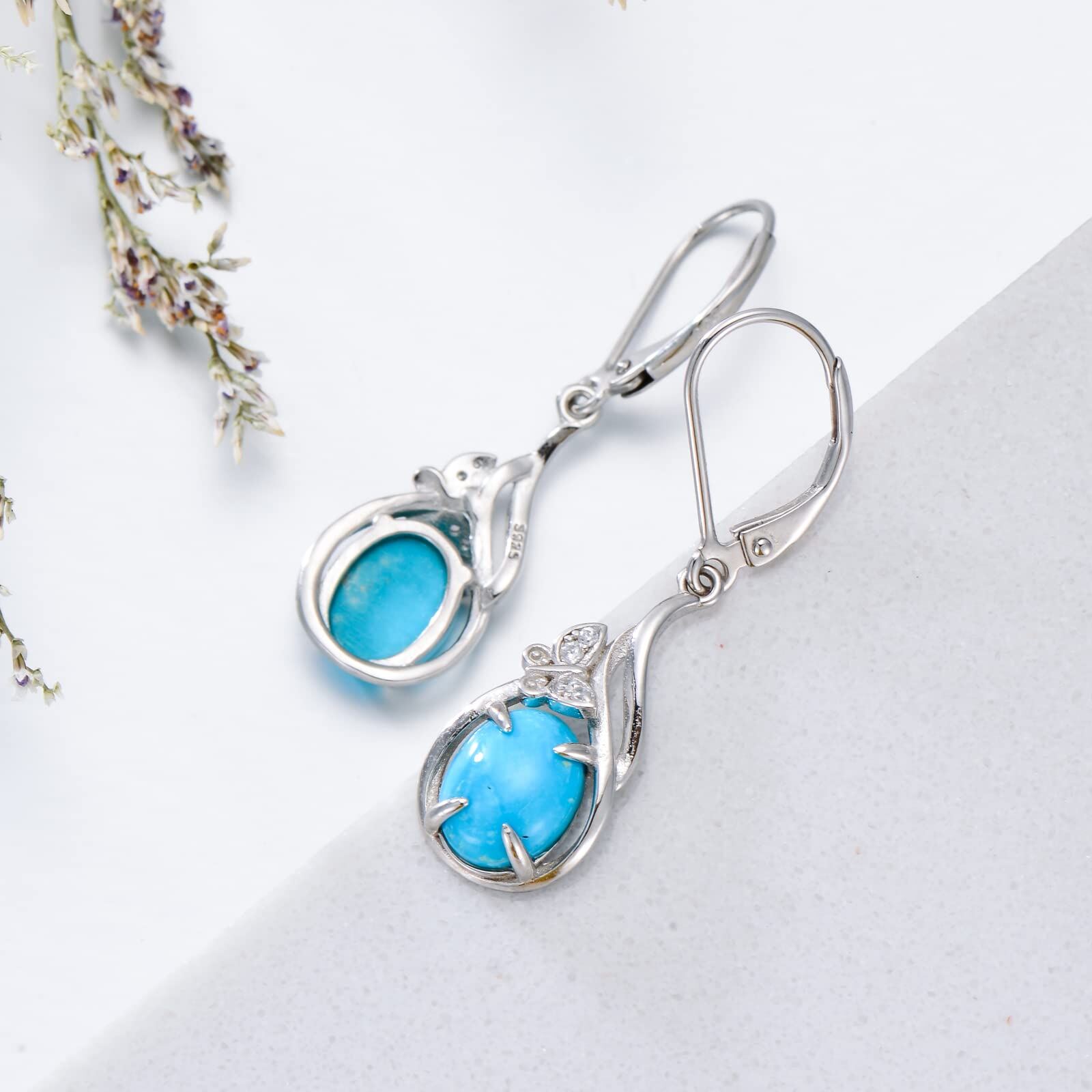 Sterling Silver Oval Cut Natural 7 * 9mm Blue Turquoise Dangle Earrings with Butterfly - Rhodium Plated-0-4