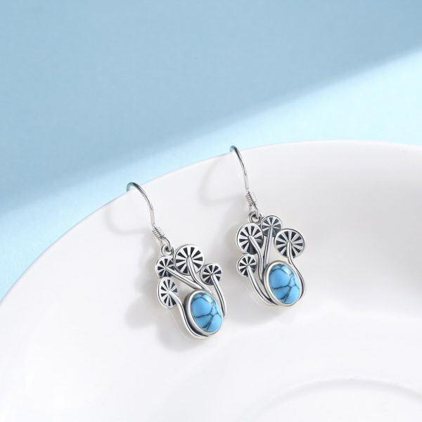 Sterling Silver Oxidized Mushroom Turquoise Dangle Earrings-2