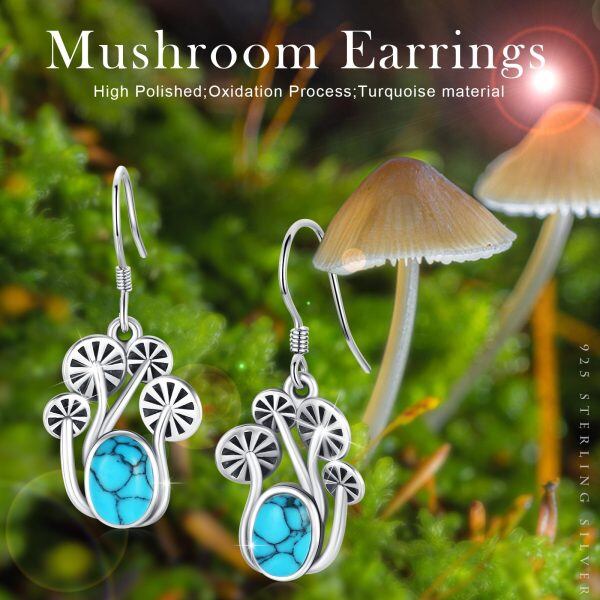 Sterling Silver Oxidized Mushroom Turquoise Dangle Earrings-5