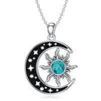 wholesale 925 Sterling Silver Turquoise Moon and Sun Pendant Necklace with Black Enamel Stars for Women's Gifts- Rhodium Plated