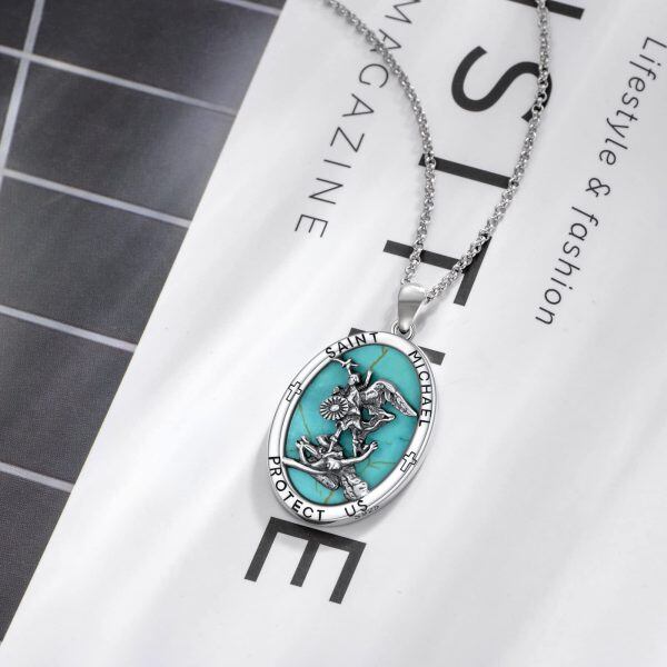 Sterling Silver St Michael Turquoise Pendant Necklace-3