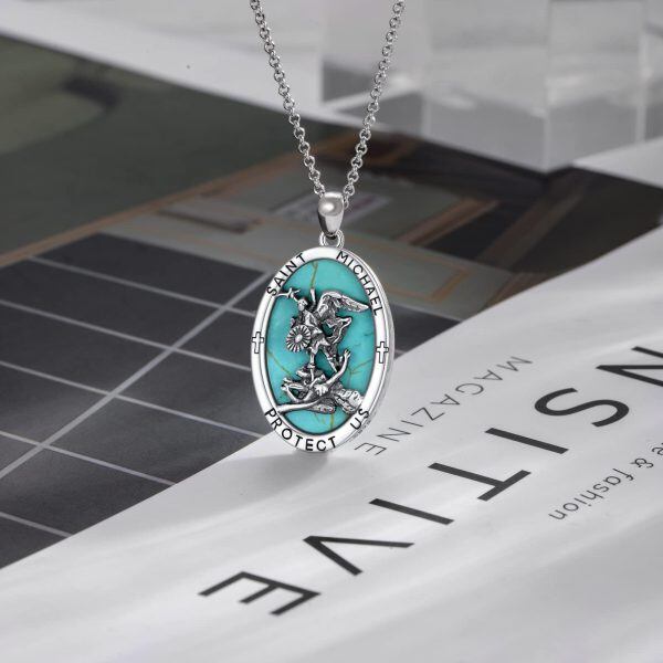 Sterling Silver St Michael Turquoise Pendant Necklace-4