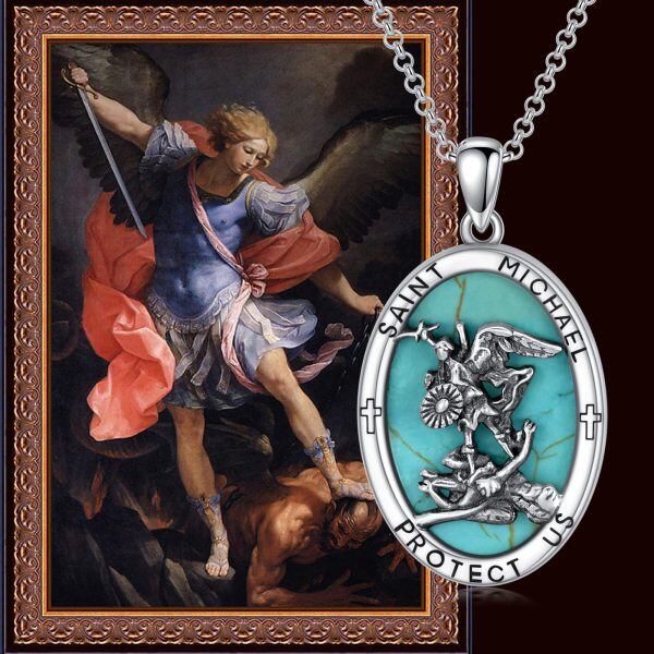 Sterling Silver St Michael Turquoise Pendant Necklace-5