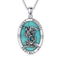 wholesale 925 Sterling Silver Oval Turquoise Saint Michael Pendant Protection Charm Catholic Gift for Women Men- Oxidized/Oxidised