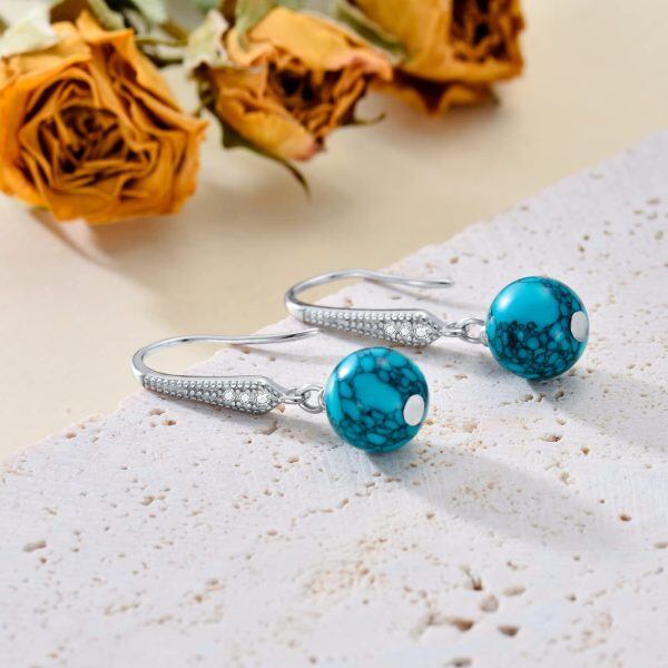 Sterling Silver Natural Turquoise Bead Ball Dangle Earrings-2