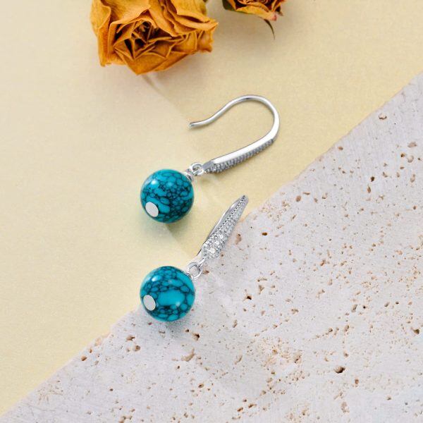 Sterling Silver Natural Turquoise Bead Ball Dangle Earrings-3