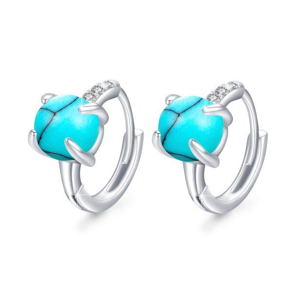 Sterling Silver Round Turquoise Huggie Earrings-0