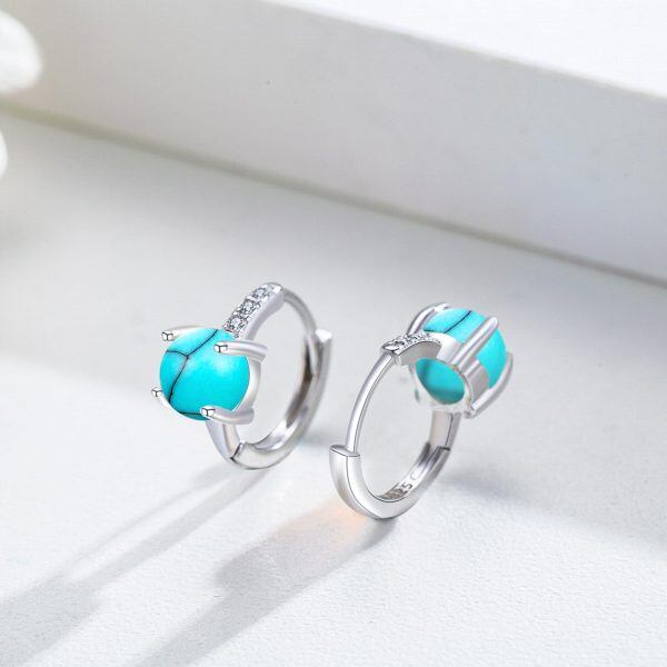 Sterling Silver Round Turquoise Huggie Earrings-4