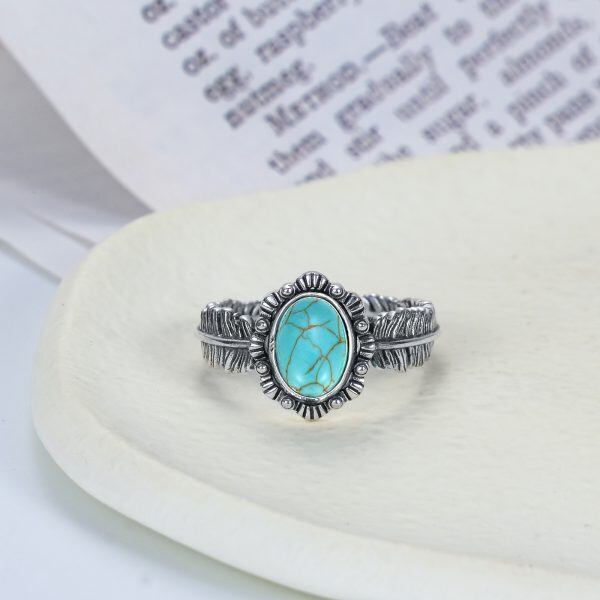 Sterling Silver Oxidized Feather Turquoise Unique Rings-4