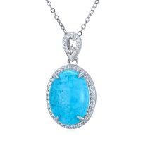 wholesale 925 Sterling Silver Oval Natural Turquoise Pendant Necklace with Cubic Zirconia Accents for Women Gifts- Rhodium Plated