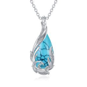 Sterling Silver Feather Turquoise Pendant Necklace-0