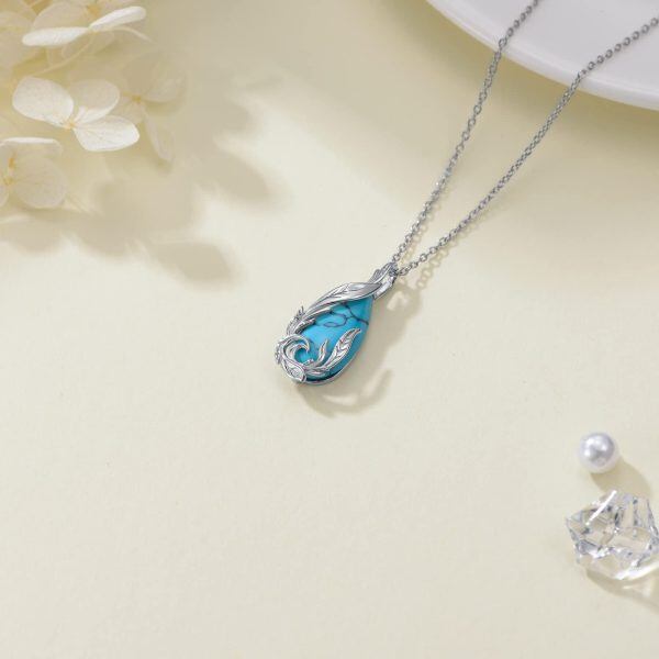 Sterling Silver Feather Turquoise Pendant Necklace-3