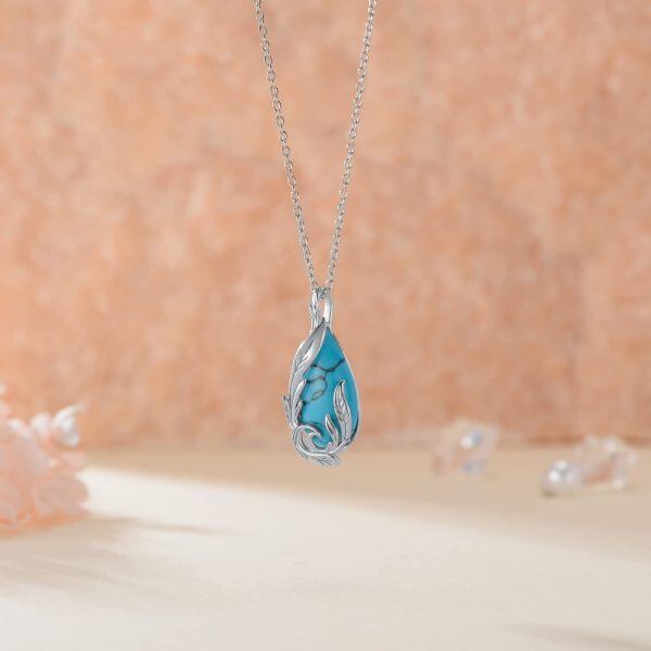 Sterling Silver Feather Turquoise Pendant Necklace-4