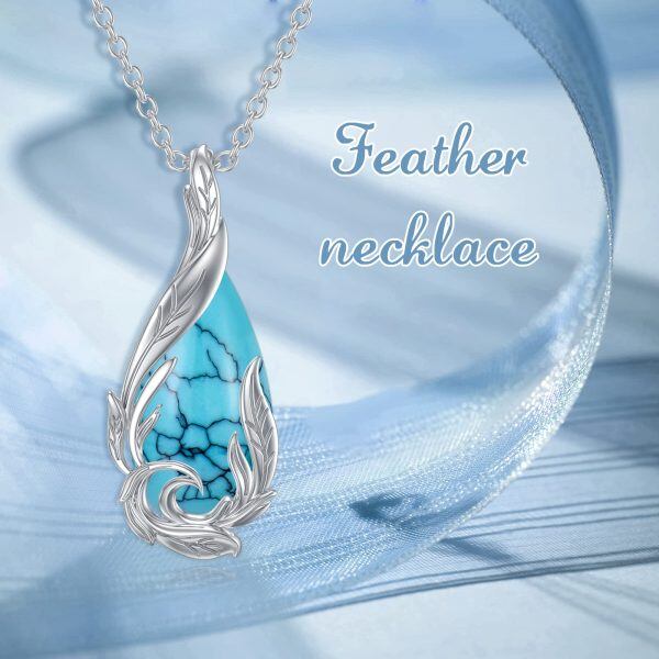 Sterling Silver Feather Turquoise Pendant Necklace-5