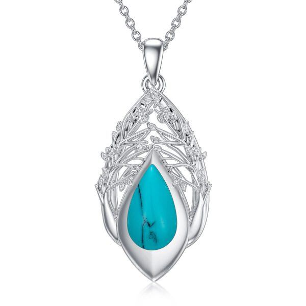 Sterling Silver Teardrop Turquoise Tree of Life Pendant Necklace-0