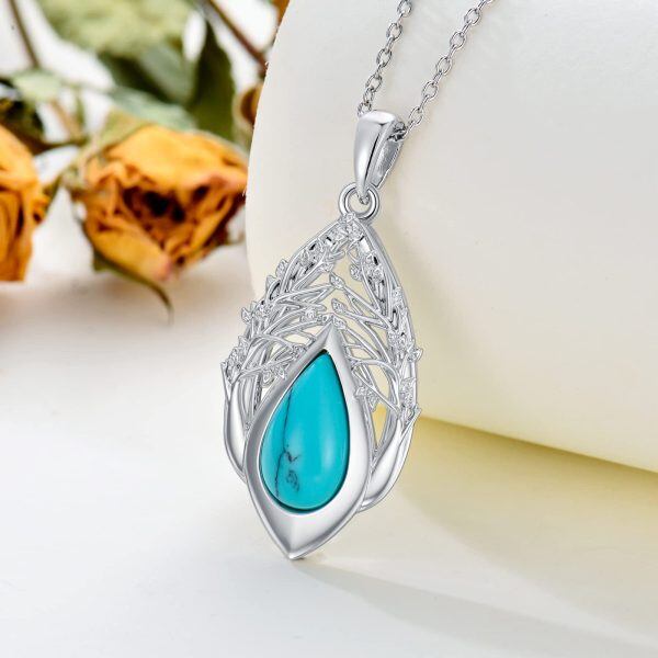 Sterling Silver Teardrop Turquoise Tree of Life Pendant Necklace-3