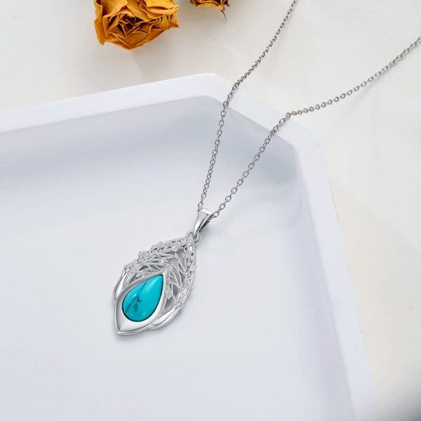 Sterling Silver Teardrop Turquoise Tree of Life Pendant Necklace-4