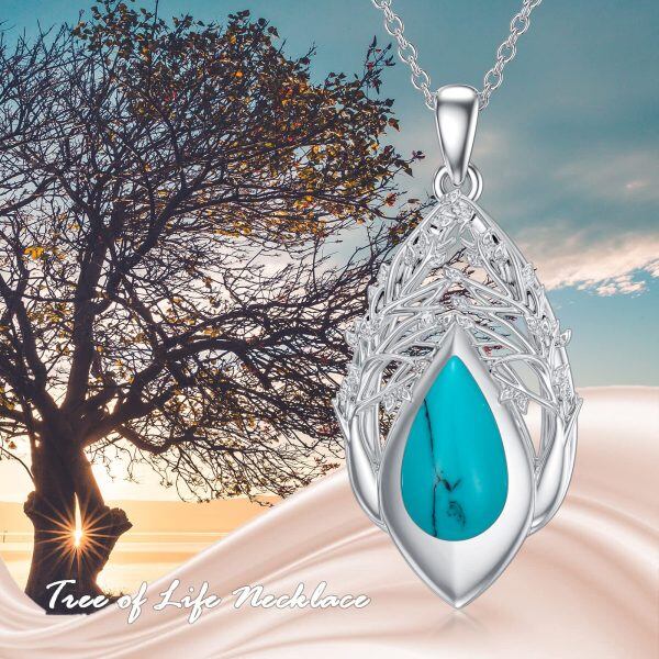 Sterling Silver Teardrop Turquoise Tree of Life Pendant Necklace-5