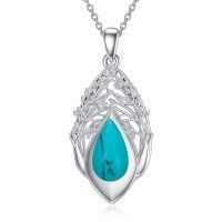 wholesale 925 Sterling Silver Turquoise Tree of Life Teardrop Pendant Necklace- Rhodium Plated