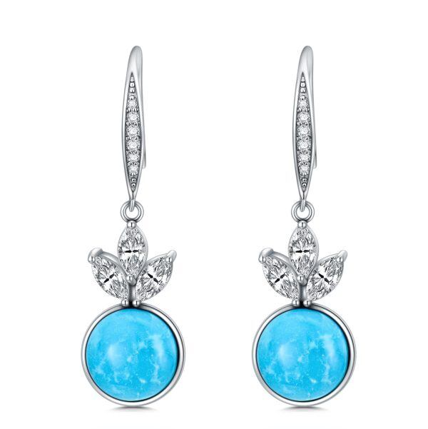 Sterling Silver 10mm Round Shape Natural Turquoise Dangle Earrings-0