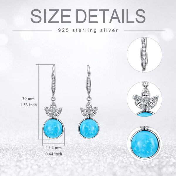 Sterling Silver 10mm Round Shape Natural Turquoise Dangle Earrings-1