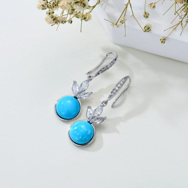 Sterling Silver 10mm Round Shape Natural Turquoise Dangle Earrings-3