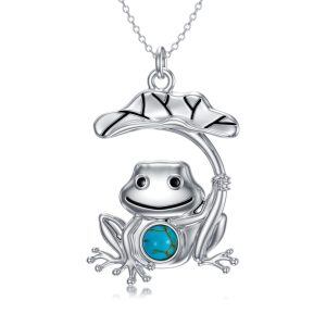 Sterling Silver Frog Lotus Leaf Pendant Necklace with Turquoise-0