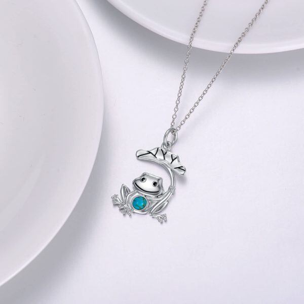 Sterling Silver Frog Lotus Leaf Pendant Necklace with Turquoise-4