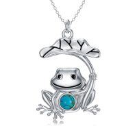 wholesale 925 Sterling Silver Turquoise Frog on Lotus Leaf Pendant Necklace Gift for Women- Rhodium Plated