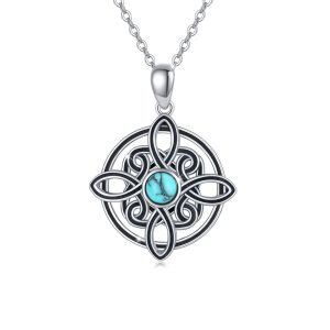 Sterling Silver Celtic Knot CrossTurquoise Pendant Necklace-0