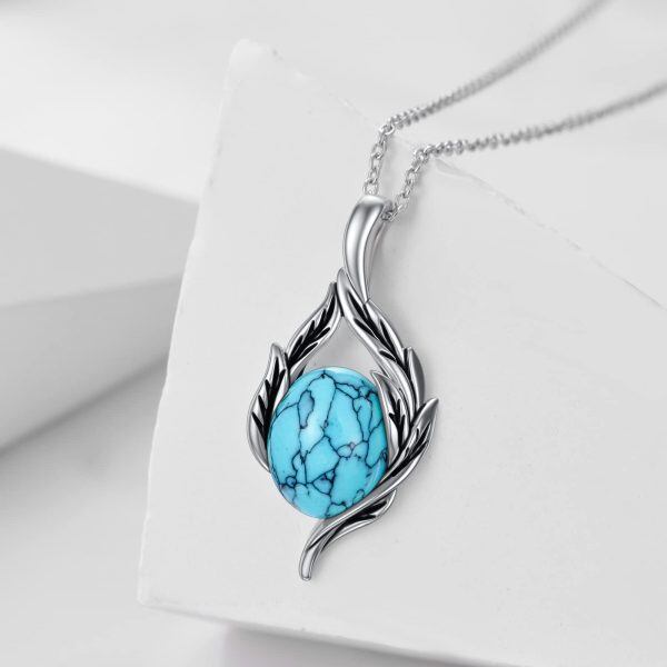 Sterling Silver Leaf Turquoise Pendant Necklace-3