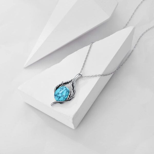 Sterling Silver Leaf Turquoise Pendant Necklace-4