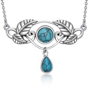 Sterling Silver Boho Leaf Turquoise Pendant Necklace-0