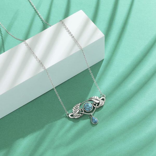 Sterling Silver Boho Leaf Turquoise Pendant Necklace-3