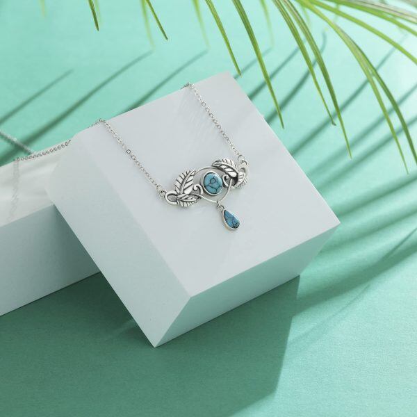 Sterling Silver Boho Leaf Turquoise Pendant Necklace-4