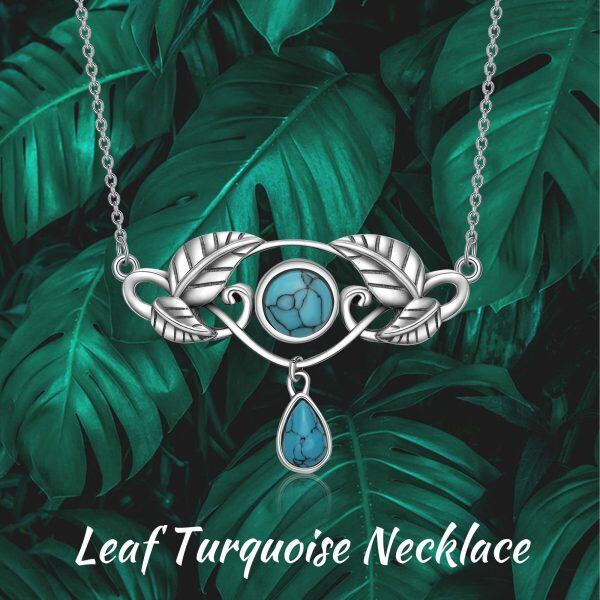 Sterling Silver Boho Leaf Turquoise Pendant Necklace-5