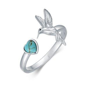 Sterling Silver Hummingbird Turquoise Adjustable Rings-0