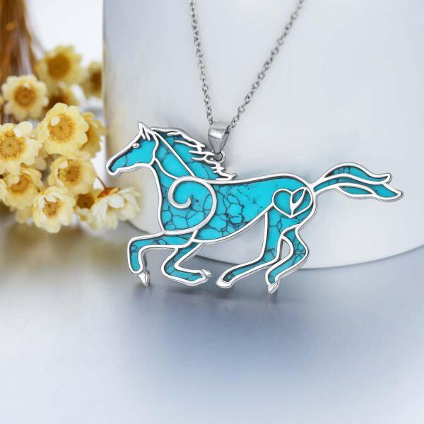 Sterling Silver Horse Turquoise Pendant Necklace-3