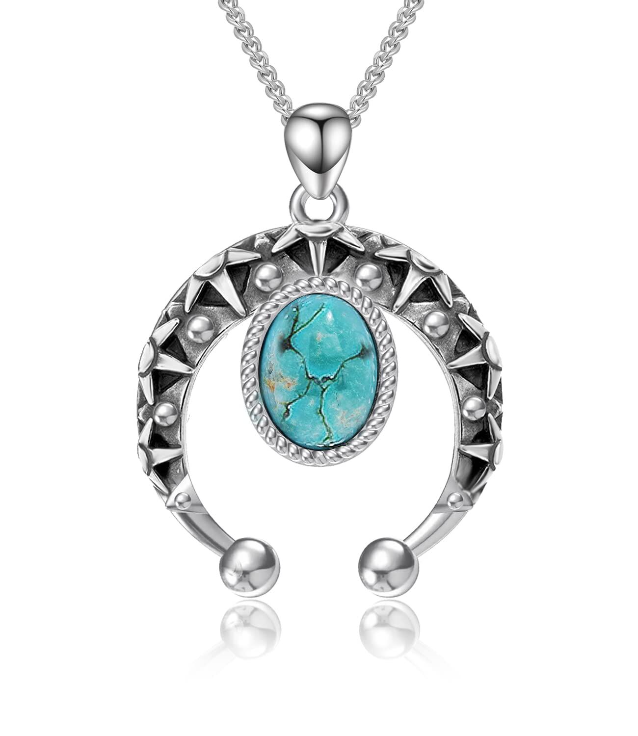 Sterling Silver Native American Navajo Moon Pendant Necklace with Turquoise - Oxidized/Oxidised-0-0