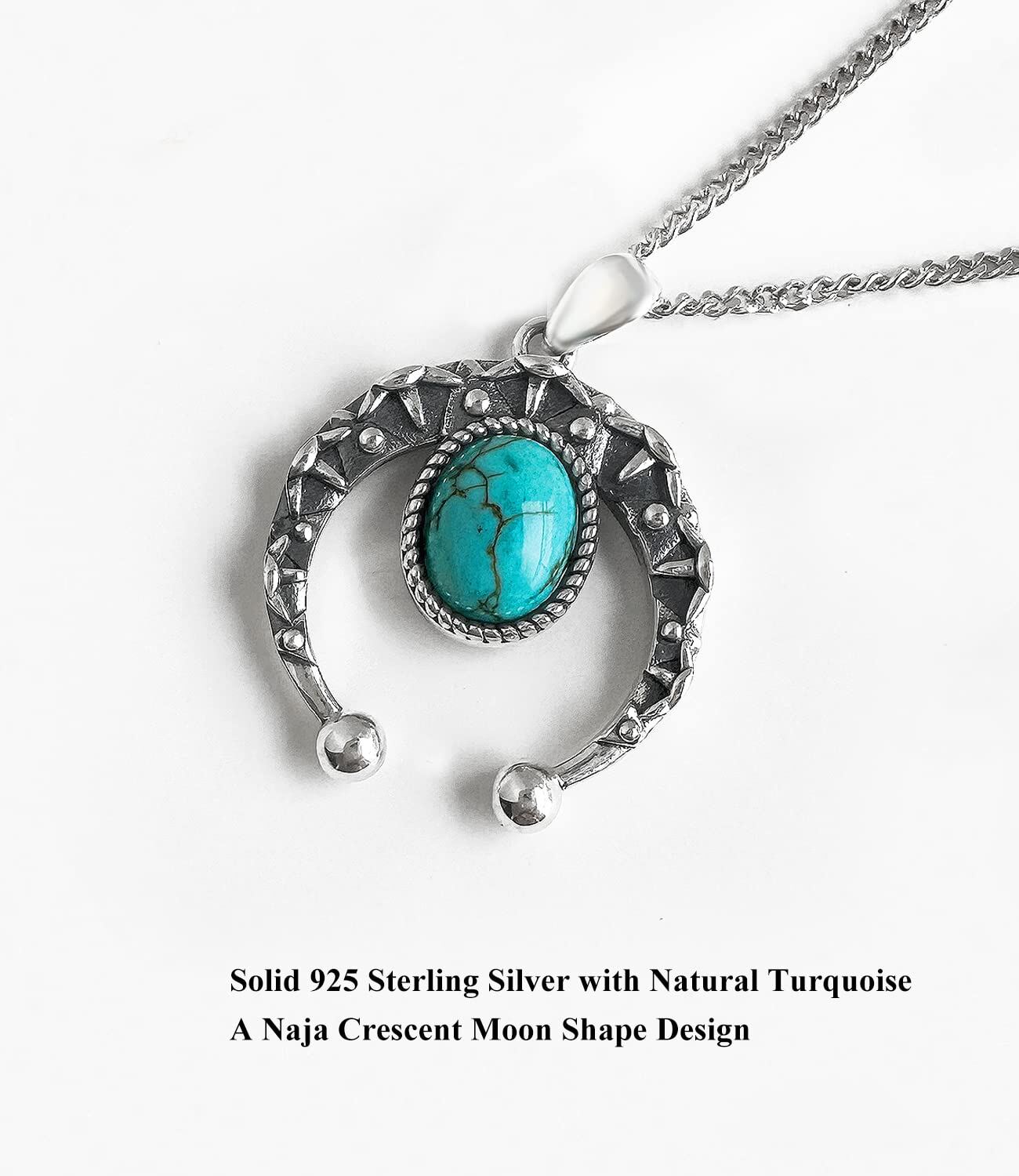 Sterling Silver Native American Navajo Moon Pendant Necklace with Turquoise - Oxidized/Oxidised-0-6