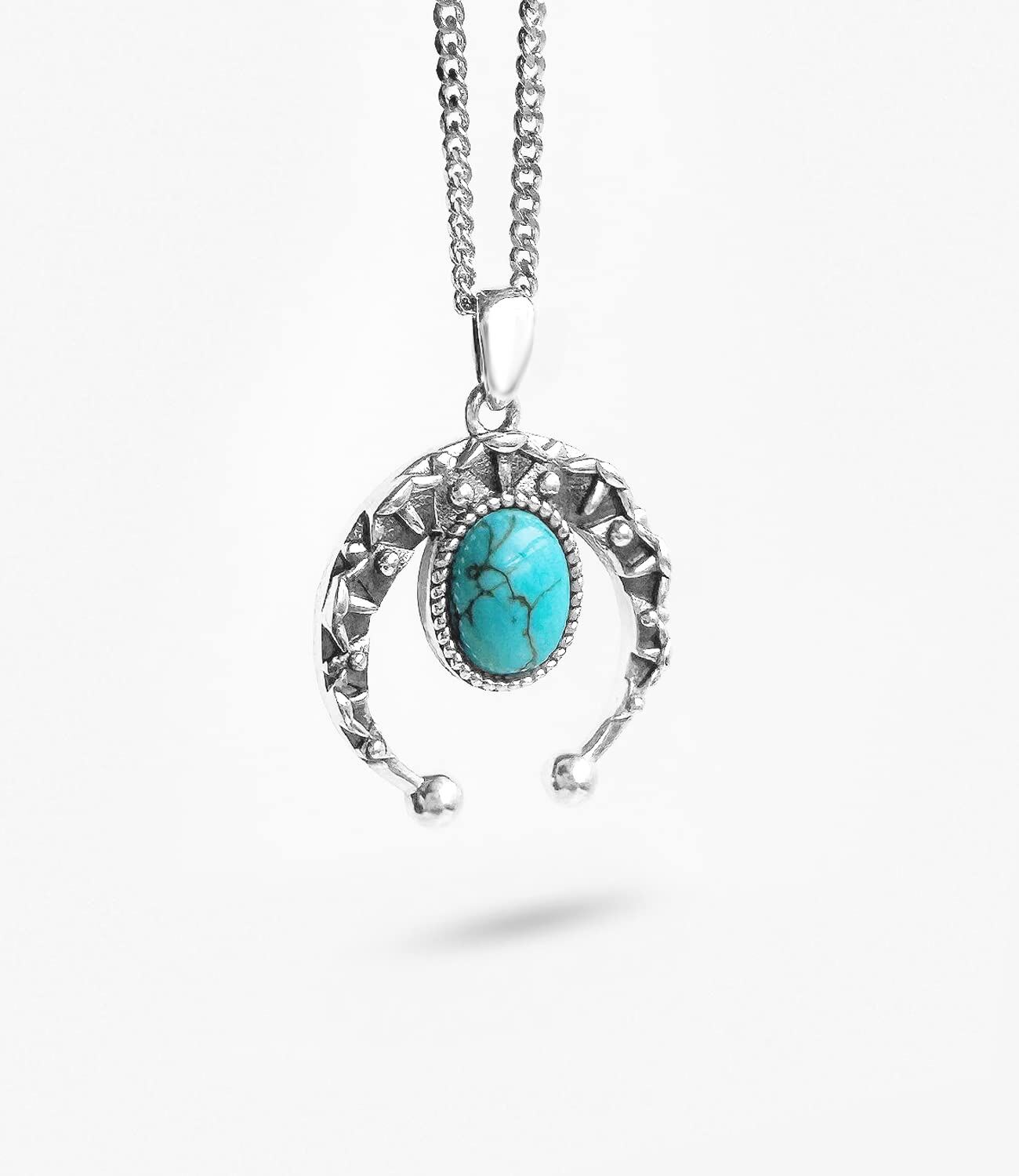 Sterling Silver Native American Navajo Moon Pendant Necklace with Turquoise - Oxidized/Oxidised-0-7
