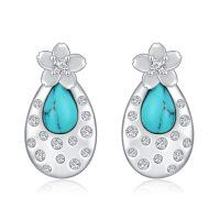 wholesale 925 Sterling Silver Teardrop Turquoise Flower Stud Earrings for Women Gift- Rhodium Plated