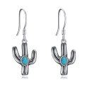 wholesale 925 Sterling Silver Turquoise Stone Western Cactus Drop Earrings for WomenCowboy  4cm Long-0-0