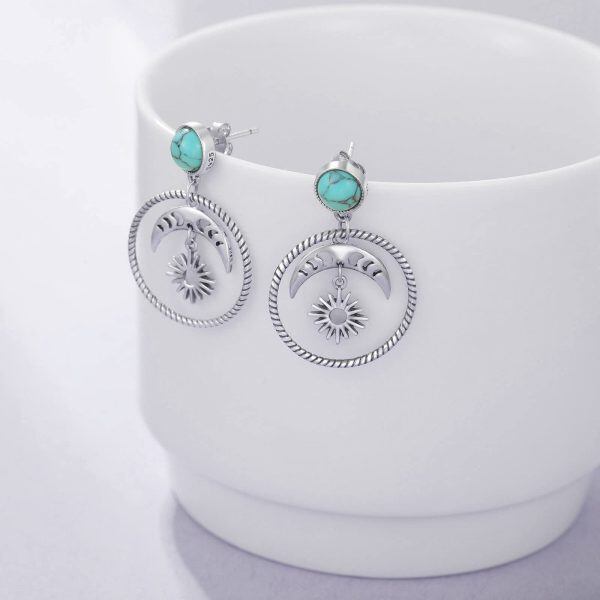 Sterling Silver Sun and Moon Turquoise Dangle Earrings-2