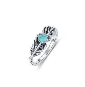 Sterling Silver Oxidized Feather Turquoise Unique Rings-0